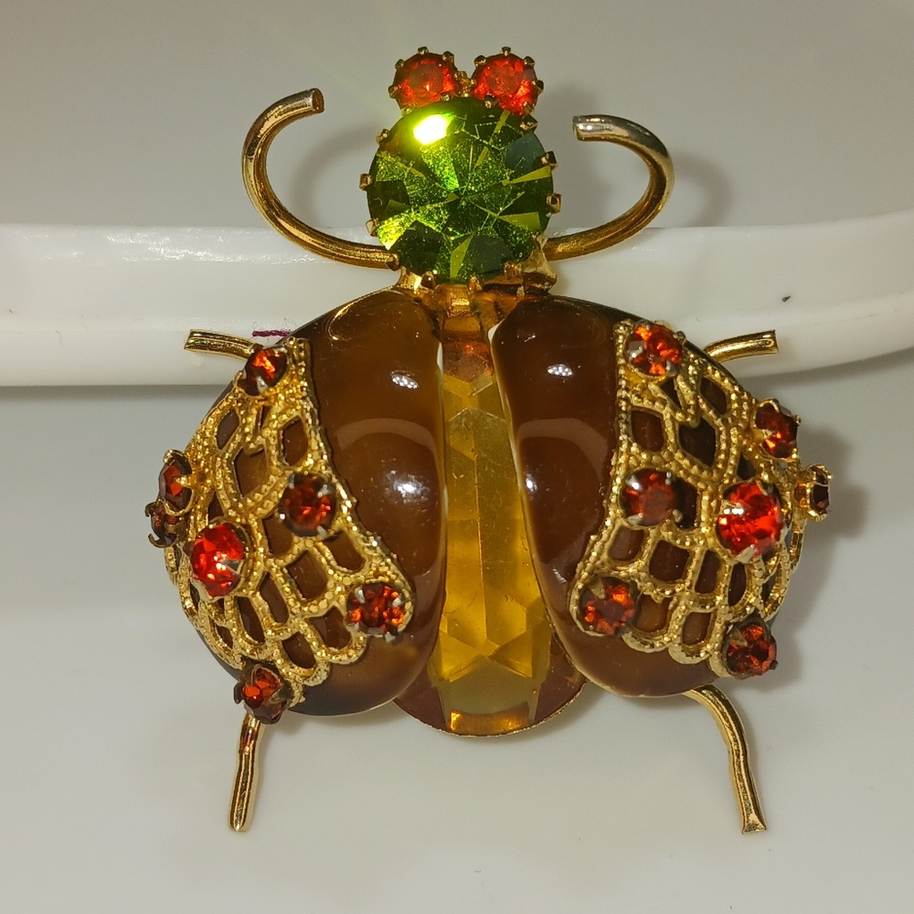 Vintage Insect Beetle Bug Rhinestone Brooch Pin Glass - Picture 8 of 16